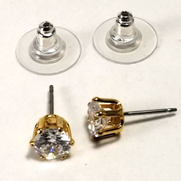 Swarovski Stones - 2 CTW Clear CRYSTAL Stud Earrings - 14KT Gold Overlay - Picture 5 of 9